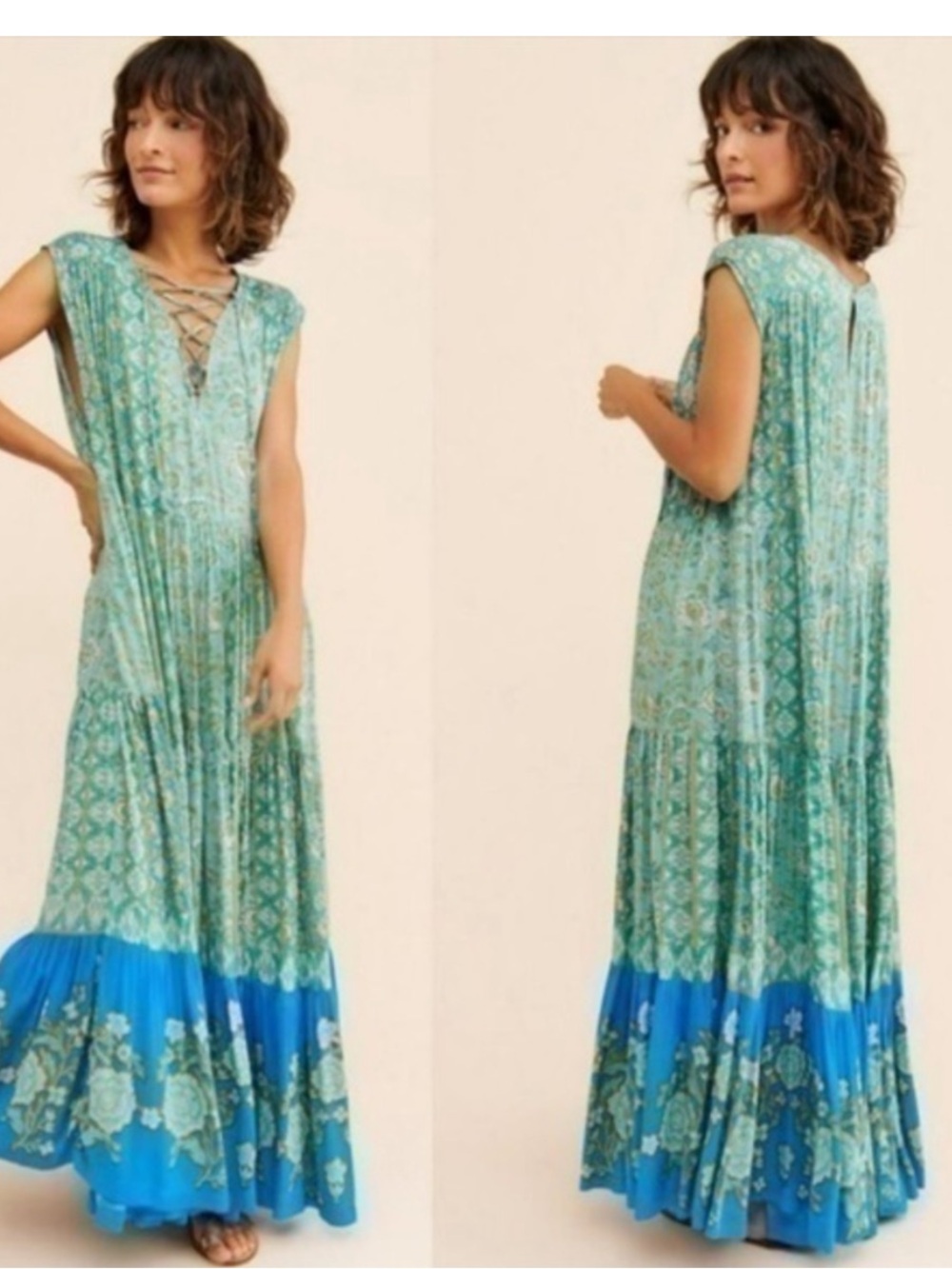 Free People Hanalei Bay Tiered Maxi Dress Hawaii Breeze Combo Floral Size Large